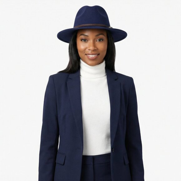 Navy Faux Wool Fedora Adjustable Hat